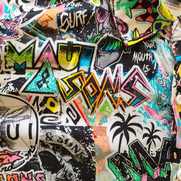 Y2K Maui and Sons Punk Shark Surf Skull Print Button Up Shirt - Picture 7 of 8